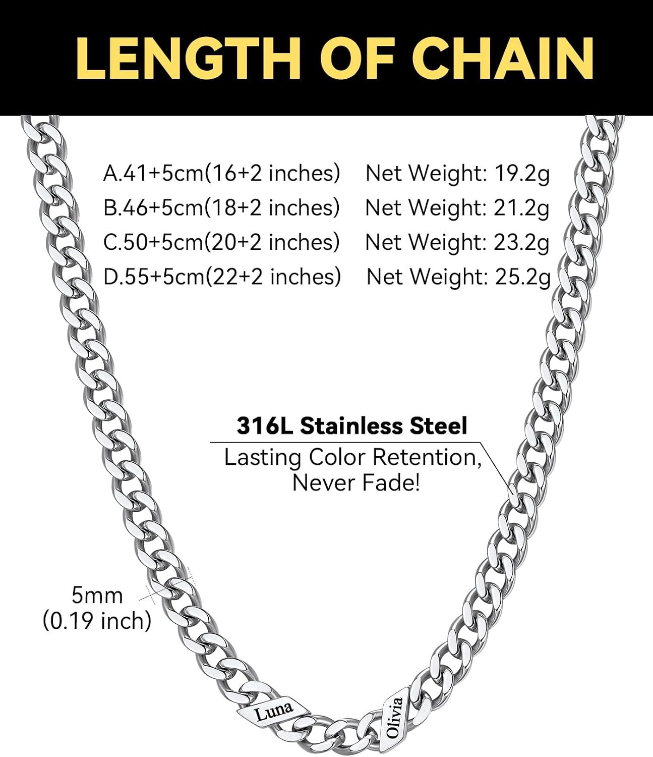 image:imageChainsHouse Personalized Cuban Link Chain for Men WomenCustom Engraved 16 Names5mm7mm9mm12mm Width Chain Name Necklace with Gift BoxHypoallergenic amp WaterproofKSteelWomen5mm width