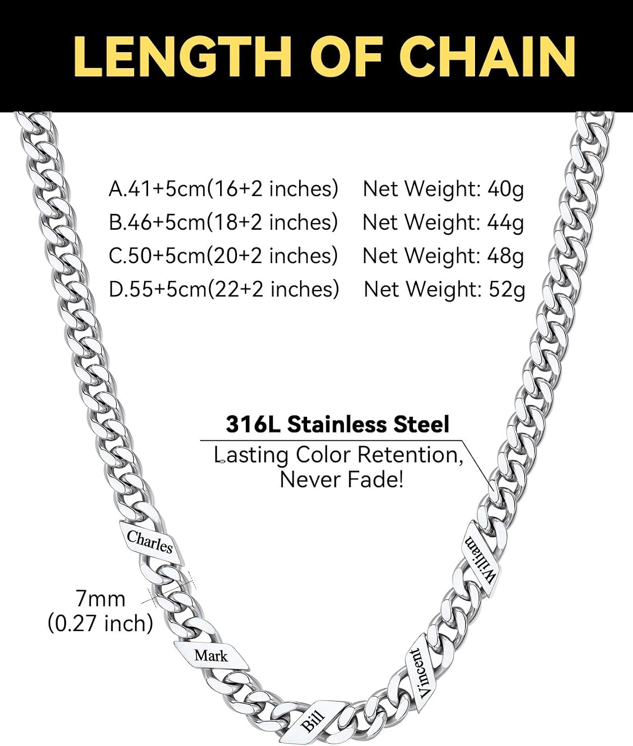 image:imageChainsHouse Personalized Cuban Link Chain for Men WomenCustom Engraved 16 Names5mm7mm9mm12mm Width Chain Name Necklace with Gift BoxHypoallergenic amp WaterproofLSteelWomen7mm width