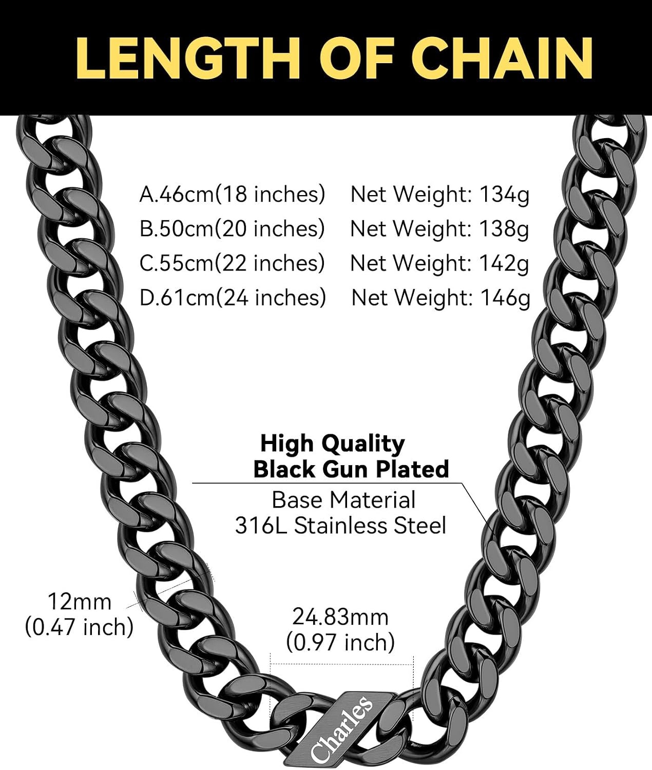 image:imageChainsHouse Personalized Cuban Link Chain for Men WomenCustom Engraved 16 Names5mm7mm9mm12mm Width Chain Name Necklace with Gift BoxHypoallergenic amp WaterproofJBlackMen12mm width