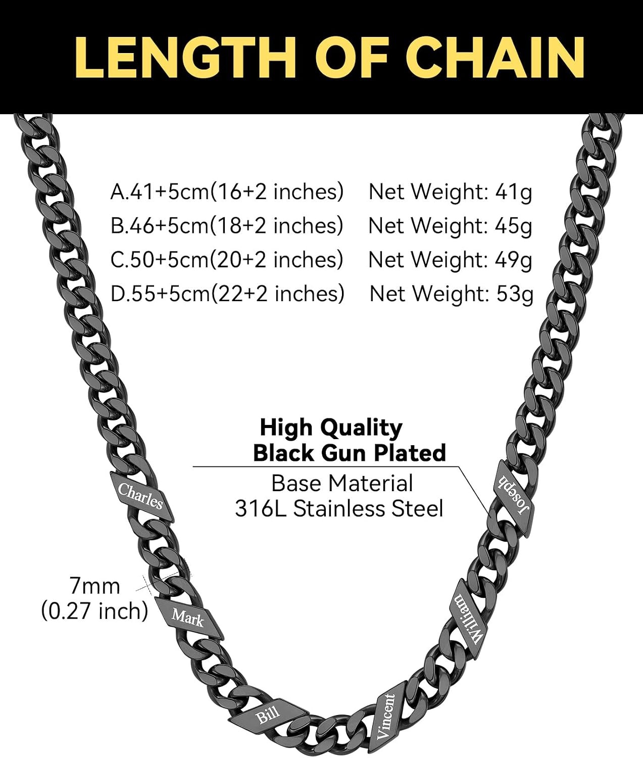image:imageChainsHouse Personalized Cuban Link Chain for Men WomenCustom Engraved 16 Names5mm7mm9mm12mm Width Chain Name Necklace with Gift BoxHypoallergenic amp WaterproofRBlackWomen7mm width