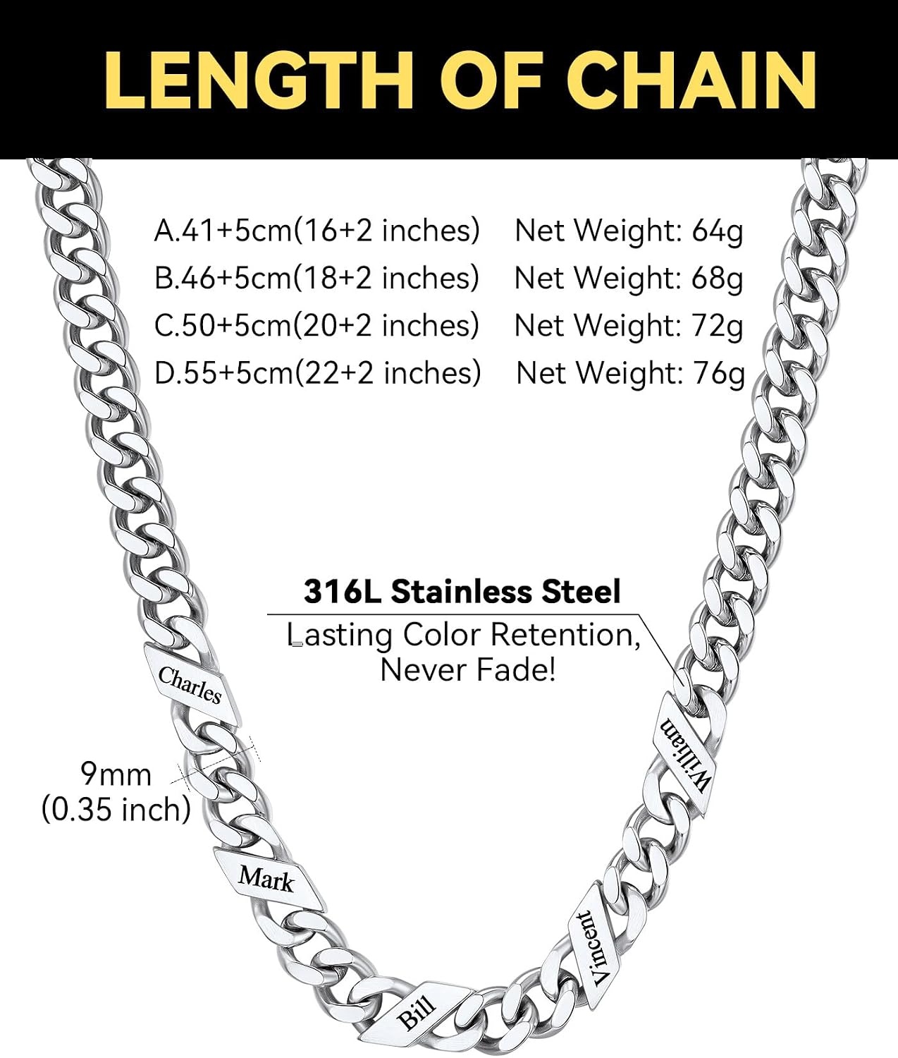 image:imageChainsHouse Personalized Cuban Link Chain for Men WomenCustom Engraved 16 Names5mm7mm9mm12mm Width Chain Name Necklace with Gift BoxHypoallergenic amp WaterproofMSteelWomen9mm width