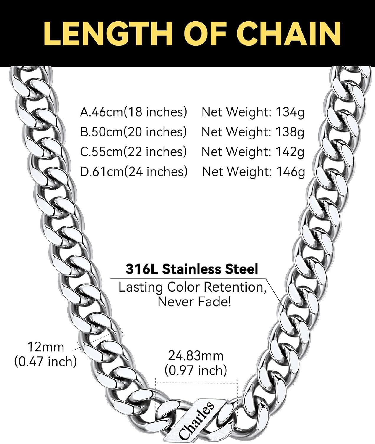 image:imageChainsHouse Personalized Cuban Link Chain for Men WomenCustom Engraved 16 Names5mm7mm9mm12mm Width Chain Name Necklace with Gift BoxHypoallergenic amp WaterproofCSteelMen12mm width