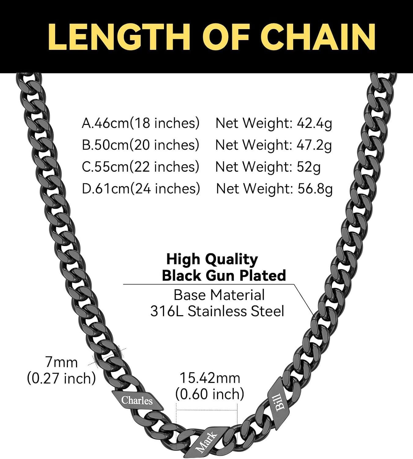 image:imageChainsHouse Personalized Cuban Link Chain for Men WomenCustom Engraved 16 Names5mm7mm9mm12mm Width Chain Name Necklace with Gift BoxHypoallergenic amp WaterproofHBlackMen7mm width