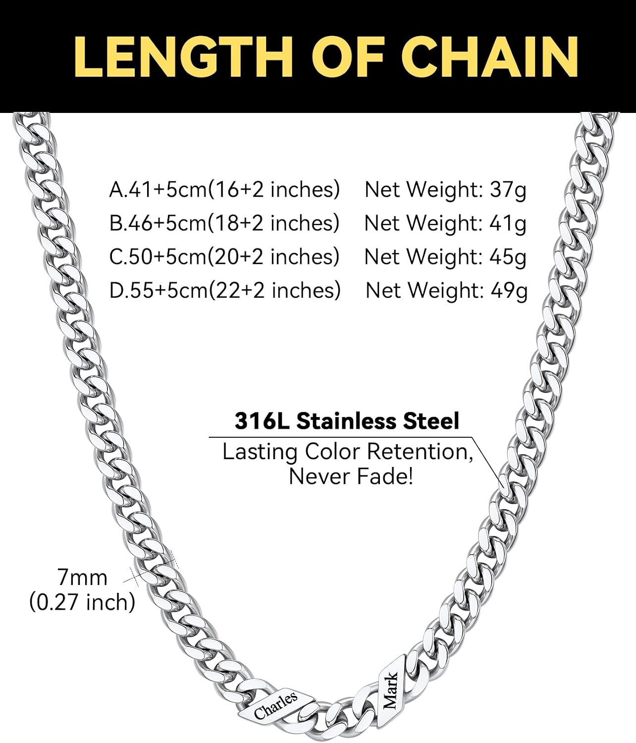 image:imageChainsHouse Personalized Cuban Link Chain for Men WomenCustom Engraved 16 Names5mm7mm9mm12mm Width Chain Name Necklace with Gift BoxHypoallergenic amp WaterproofLSteelWomen7mm width