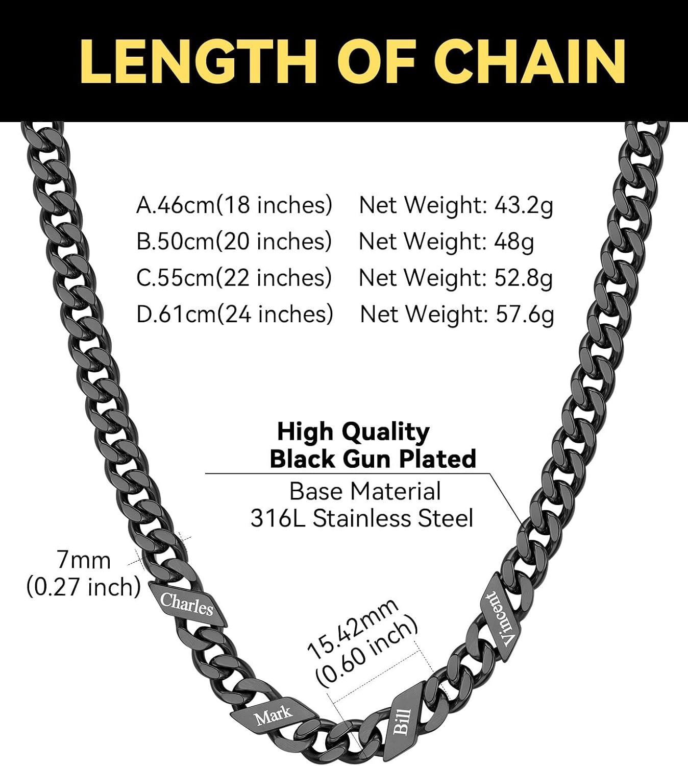 image:imageChainsHouse Personalized Cuban Link Chain for Men WomenCustom Engraved 16 Names5mm7mm9mm12mm Width Chain Name Necklace with Gift BoxHypoallergenic amp WaterproofHBlackMen7mm width