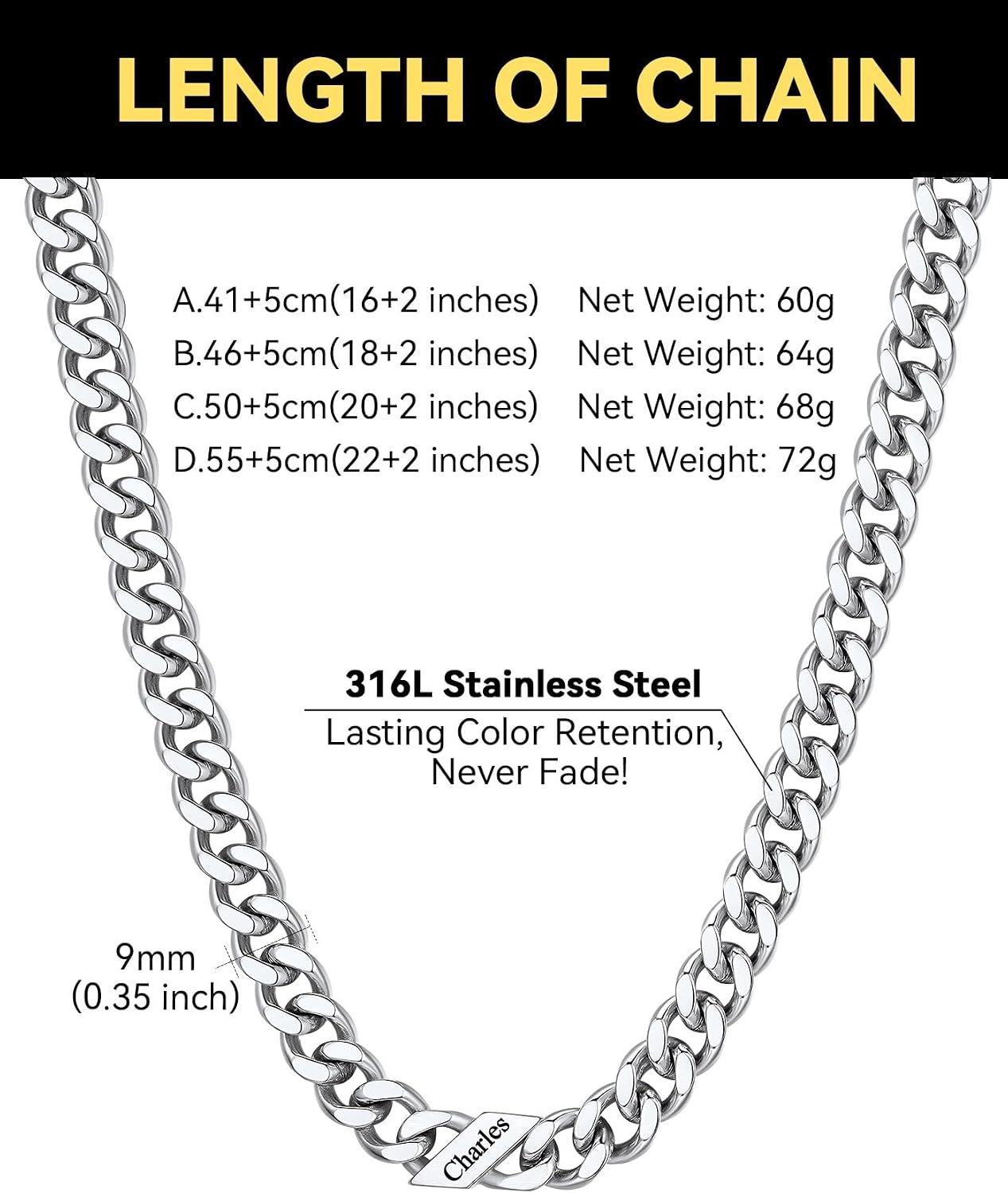 image:imageChainsHouse Personalized Cuban Link Chain for Men WomenCustom Engraved 16 Names5mm7mm9mm12mm Width Chain Name Necklace with Gift BoxHypoallergenic amp WaterproofMSteelWomen9mm width