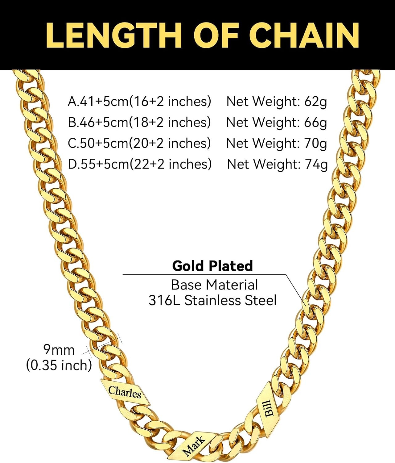 image:imageChainsHouse Personalized Cuban Link Chain for Men WomenCustom Engraved 16 Names5mm7mm9mm12mm Width Chain Name Necklace with Gift BoxHypoallergenic amp WaterproofPGoldWomen9mm width