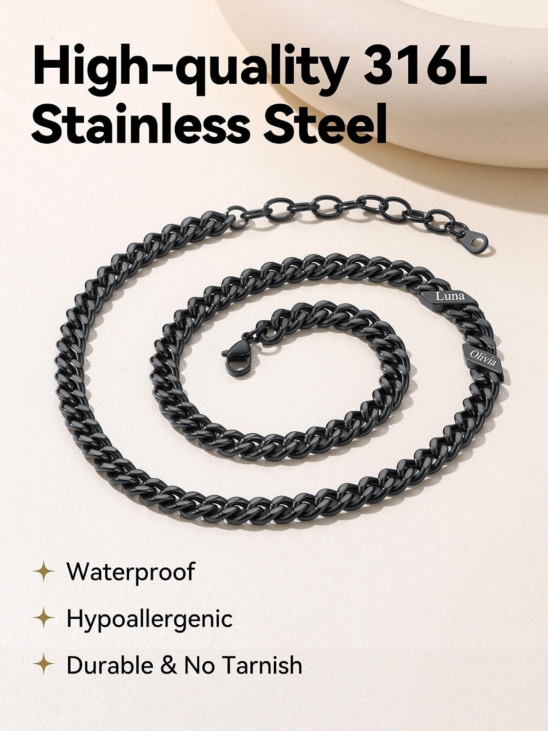 image:imageChainsHouse Personalized Cuban Link Chain for Men WomenCustom Engraved 16 Names5mm7mm9mm12mm Width Chain Name Necklace with Gift BoxHypoallergenic amp WaterproofQBlackWomen5mm width