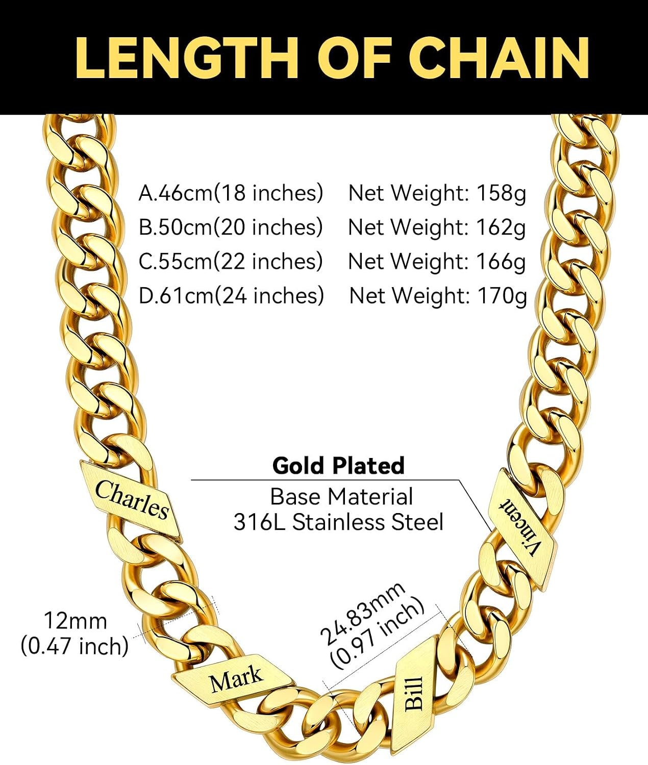 image:imageChainsHouse Personalized Cuban Link Chain for Men WomenCustom Engraved 16 Names5mm7mm9mm12mm Width Chain Name Necklace with Gift BoxHypoallergenic amp WaterproofGGoldMen9mm width