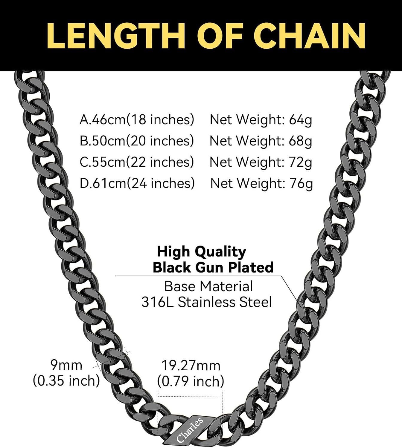 image:imageChainsHouse Personalized Cuban Link Chain for Men WomenCustom Engraved 16 Names5mm7mm9mm12mm Width Chain Name Necklace with Gift BoxHypoallergenic amp WaterproofIBlackMen9mm width