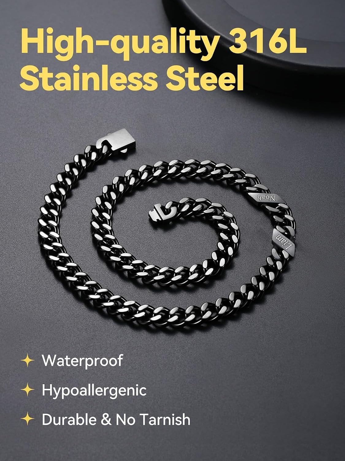 image:imageChainsHouse Personalized Cuban Link Chain for Men WomenCustom Engraved 16 Names5mm7mm9mm12mm Width Chain Name Necklace with Gift BoxHypoallergenic amp WaterproofJBlackMen12mm width