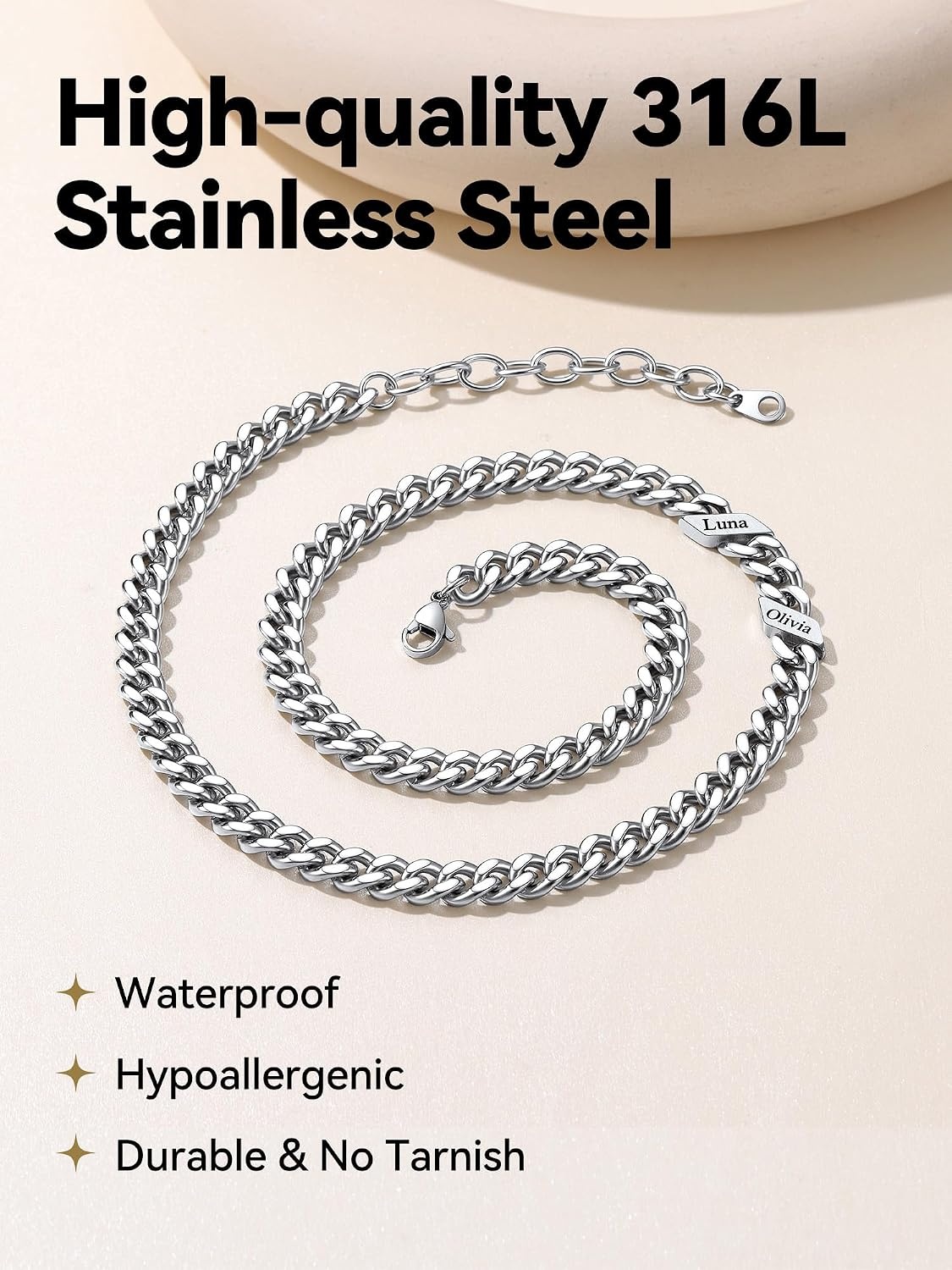 image:imageChainsHouse Personalized Cuban Link Chain for Men WomenCustom Engraved 16 Names5mm7mm9mm12mm Width Chain Name Necklace with Gift BoxHypoallergenic amp WaterproofMSteelWomen9mm width