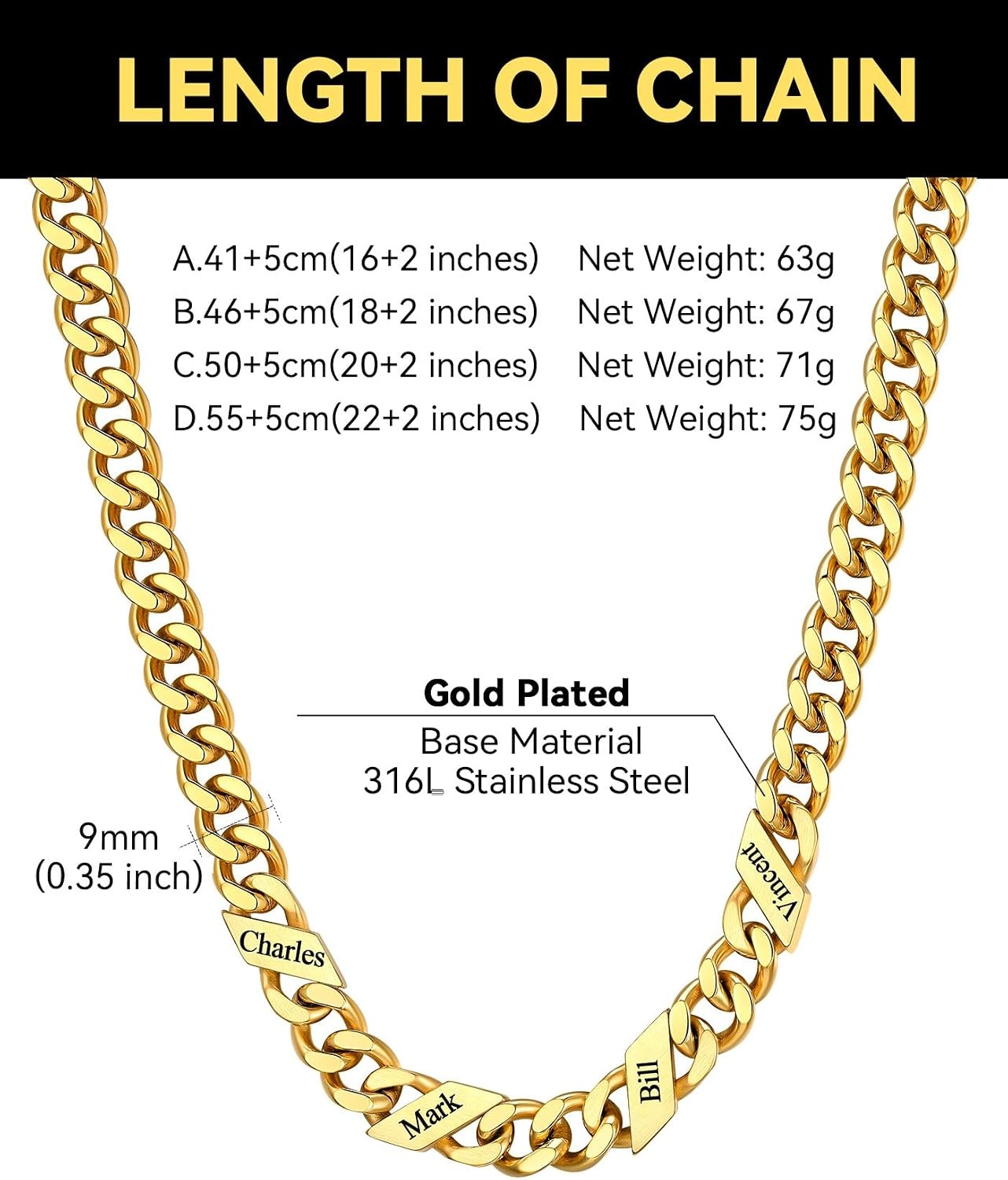 image:imageChainsHouse Personalized Cuban Link Chain for Men WomenCustom Engraved 16 Names5mm7mm9mm12mm Width Chain Name Necklace with Gift BoxHypoallergenic amp WaterproofPGoldWomen9mm width