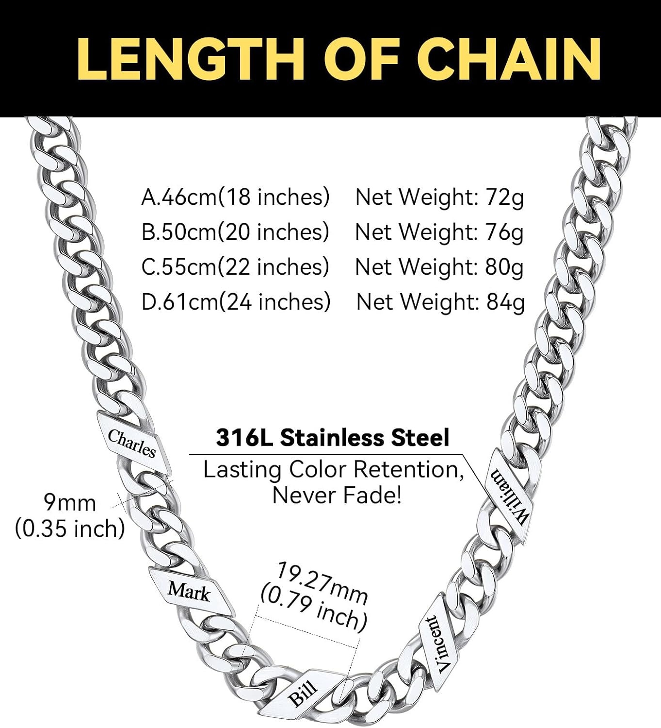 image:imageChainsHouse Personalized Cuban Link Chain for Men WomenCustom Engraved 16 Names5mm7mm9mm12mm Width Chain Name Necklace with Gift BoxHypoallergenic amp WaterproofBSteelMen9mm width