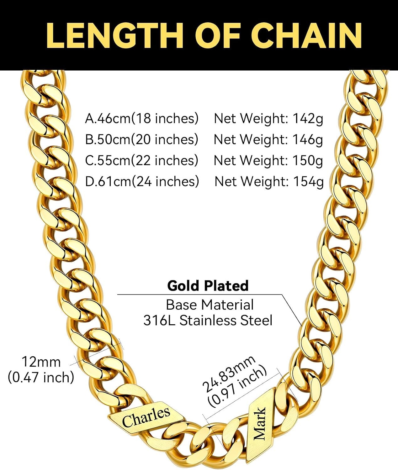 image:imageChainsHouse Personalized Cuban Link Chain for Men WomenCustom Engraved 16 Names5mm7mm9mm12mm Width Chain Name Necklace with Gift BoxHypoallergenic amp WaterproofGGoldMen9mm width