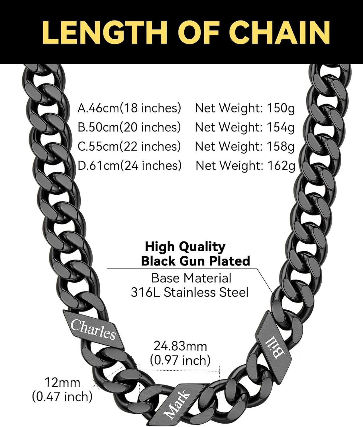 image:imageChainsHouse Personalized Cuban Link Chain for Men WomenCustom Engraved 16 Names5mm7mm9mm12mm Width Chain Name Necklace with Gift BoxHypoallergenic amp WaterproofJBlackMen12mm width