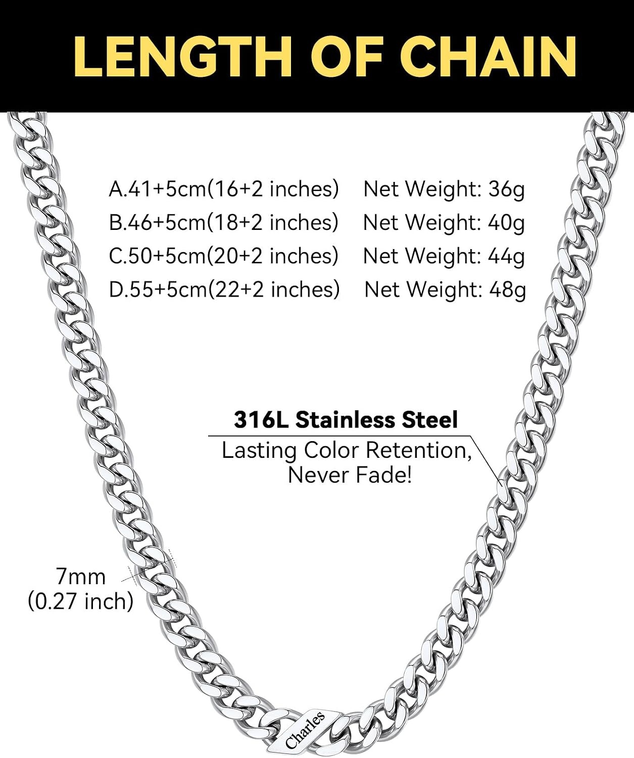 image:imageChainsHouse Personalized Cuban Link Chain for Men WomenCustom Engraved 16 Names5mm7mm9mm12mm Width Chain Name Necklace with Gift BoxHypoallergenic amp WaterproofLSteelWomen7mm width