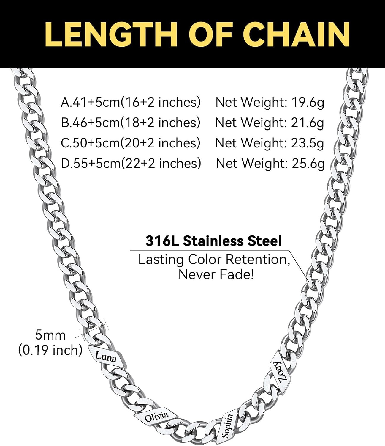 image:imageChainsHouse Personalized Cuban Link Chain for Men WomenCustom Engraved 16 Names5mm7mm9mm12mm Width Chain Name Necklace with Gift BoxHypoallergenic amp WaterproofKSteelWomen5mm width