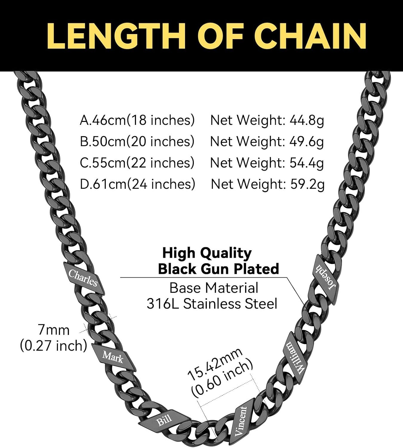 image:imageChainsHouse Personalized Cuban Link Chain for Men WomenCustom Engraved 16 Names5mm7mm9mm12mm Width Chain Name Necklace with Gift BoxHypoallergenic amp WaterproofHBlackMen7mm width