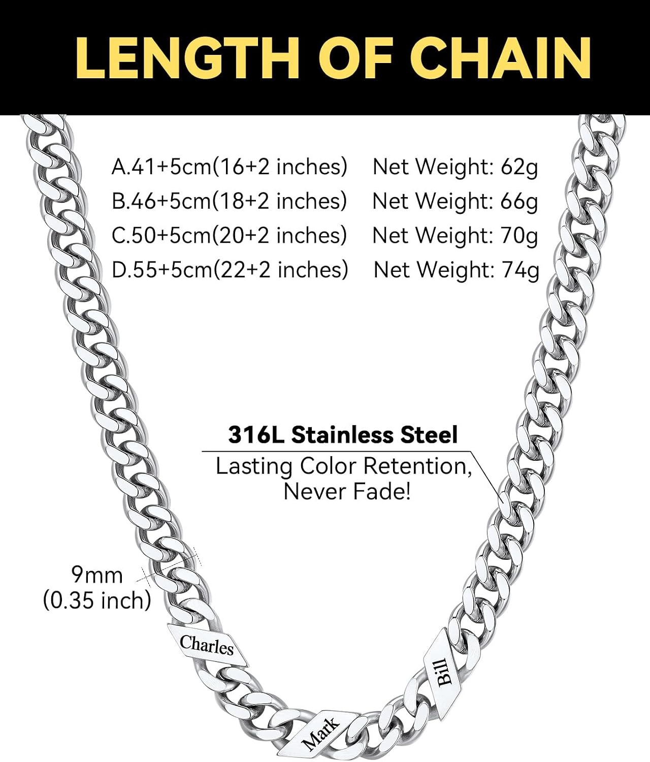 image:imageChainsHouse Personalized Cuban Link Chain for Men WomenCustom Engraved 16 Names5mm7mm9mm12mm Width Chain Name Necklace with Gift BoxHypoallergenic amp WaterproofMSteelWomen9mm width