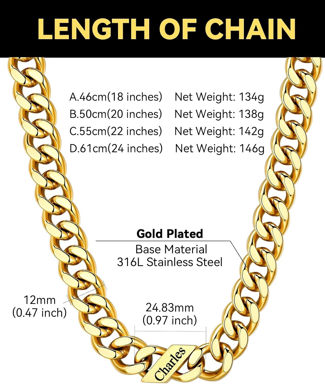 image:imageChainsHouse Personalized Cuban Link Chain for Men WomenCustom Engraved 16 Names5mm7mm9mm12mm Width Chain Name Necklace with Gift BoxHypoallergenic amp WaterproofGGoldMen9mm width