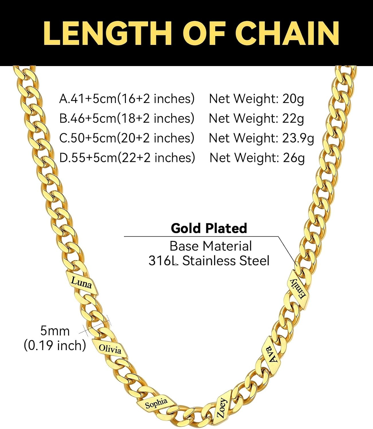 image:imageChainsHouse Personalized Cuban Link Chain for Men WomenCustom Engraved 16 Names5mm7mm9mm12mm Width Chain Name Necklace with Gift BoxHypoallergenic amp WaterproofNGoldWomen5mm width