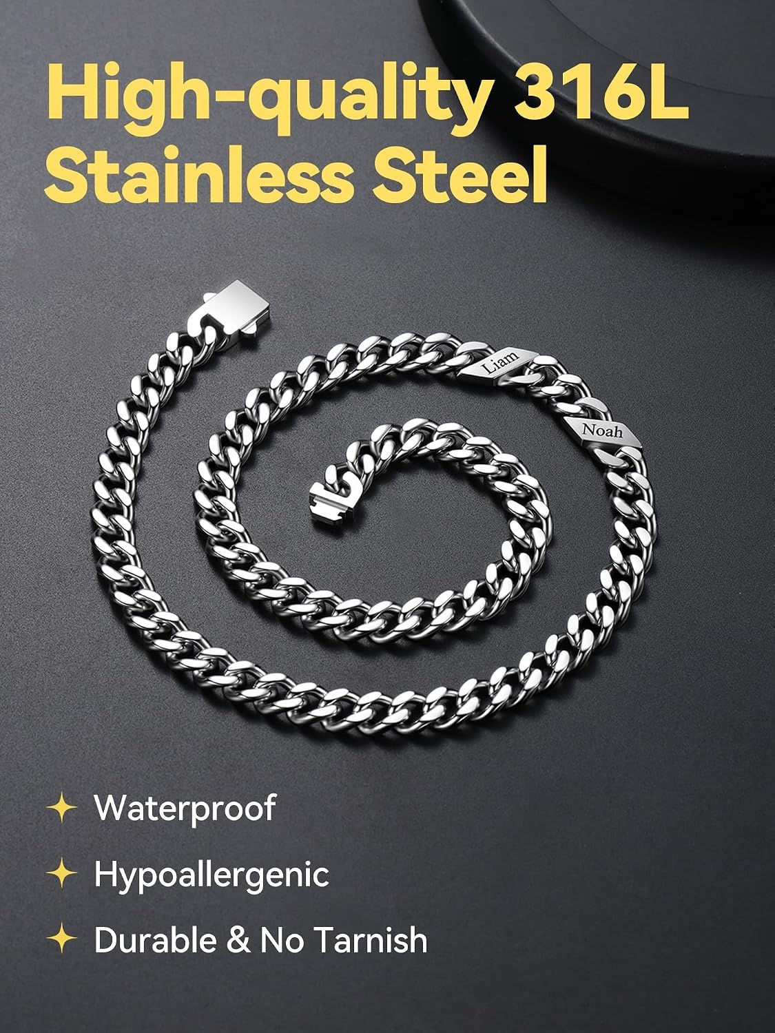 image:imageChainsHouse Personalized Cuban Link Chain for Men WomenCustom Engraved 16 Names5mm7mm9mm12mm Width Chain Name Necklace with Gift BoxHypoallergenic amp WaterproofBSteelMen9mm width