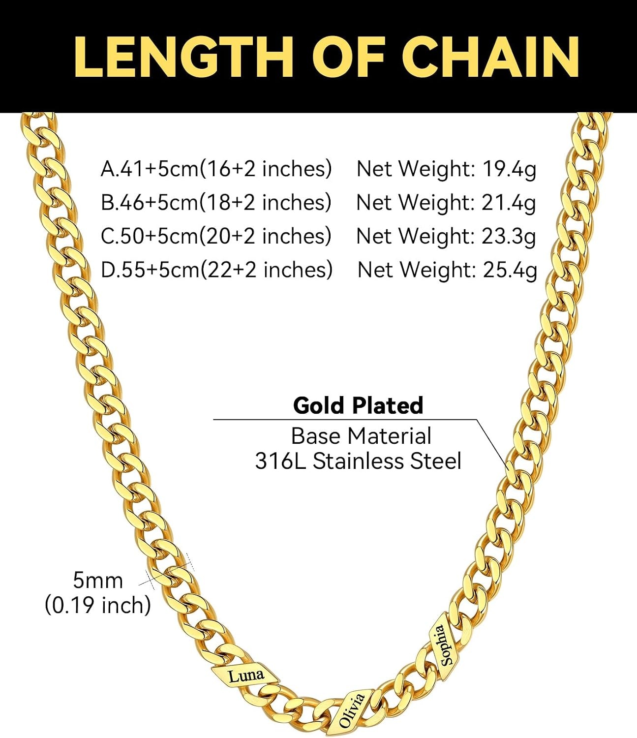 image:imageChainsHouse Personalized Cuban Link Chain for Men WomenCustom Engraved 16 Names5mm7mm9mm12mm Width Chain Name Necklace with Gift BoxHypoallergenic amp WaterproofNGoldWomen5mm width