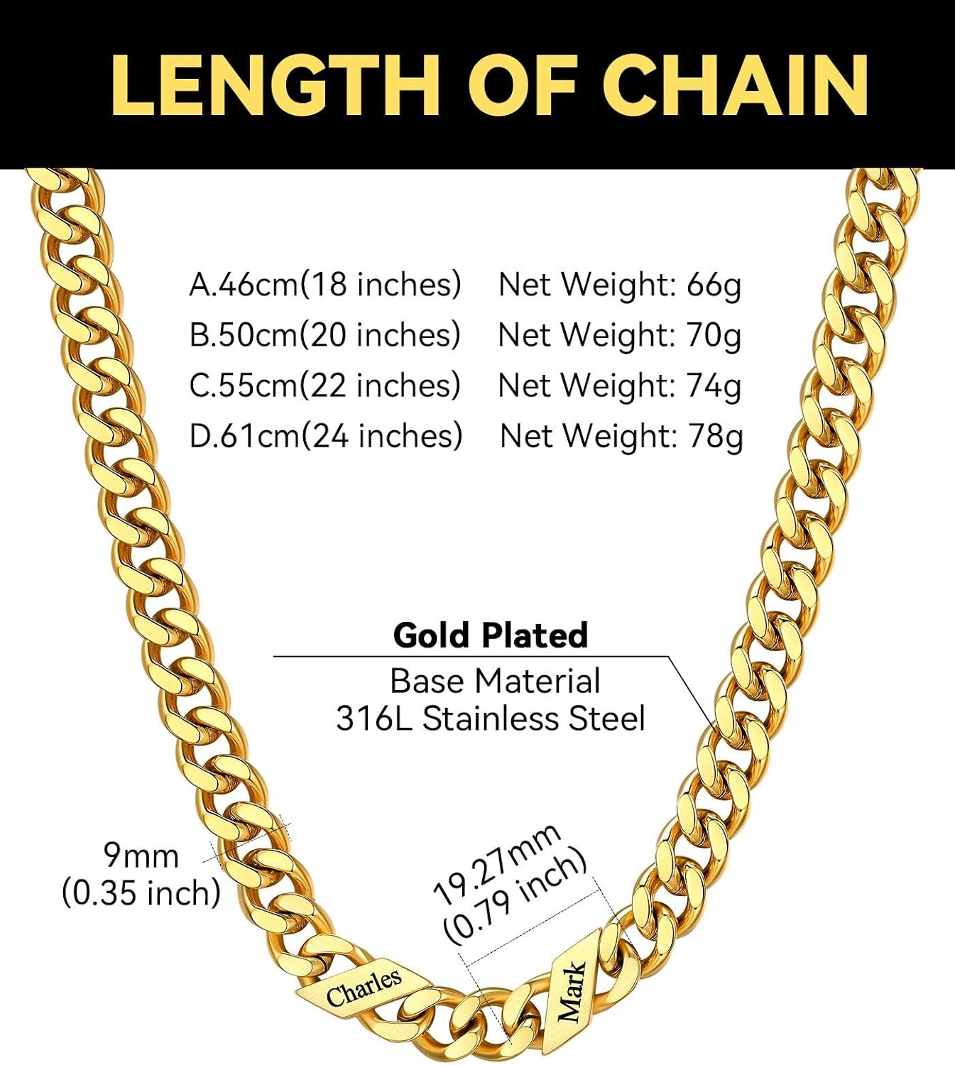 image:imageChainsHouse Personalized Cuban Link Chain for Men WomenCustom Engraved 16 Names5mm7mm9mm12mm Width Chain Name Necklace with Gift BoxHypoallergenic amp WaterproofFGoldMen9mm width