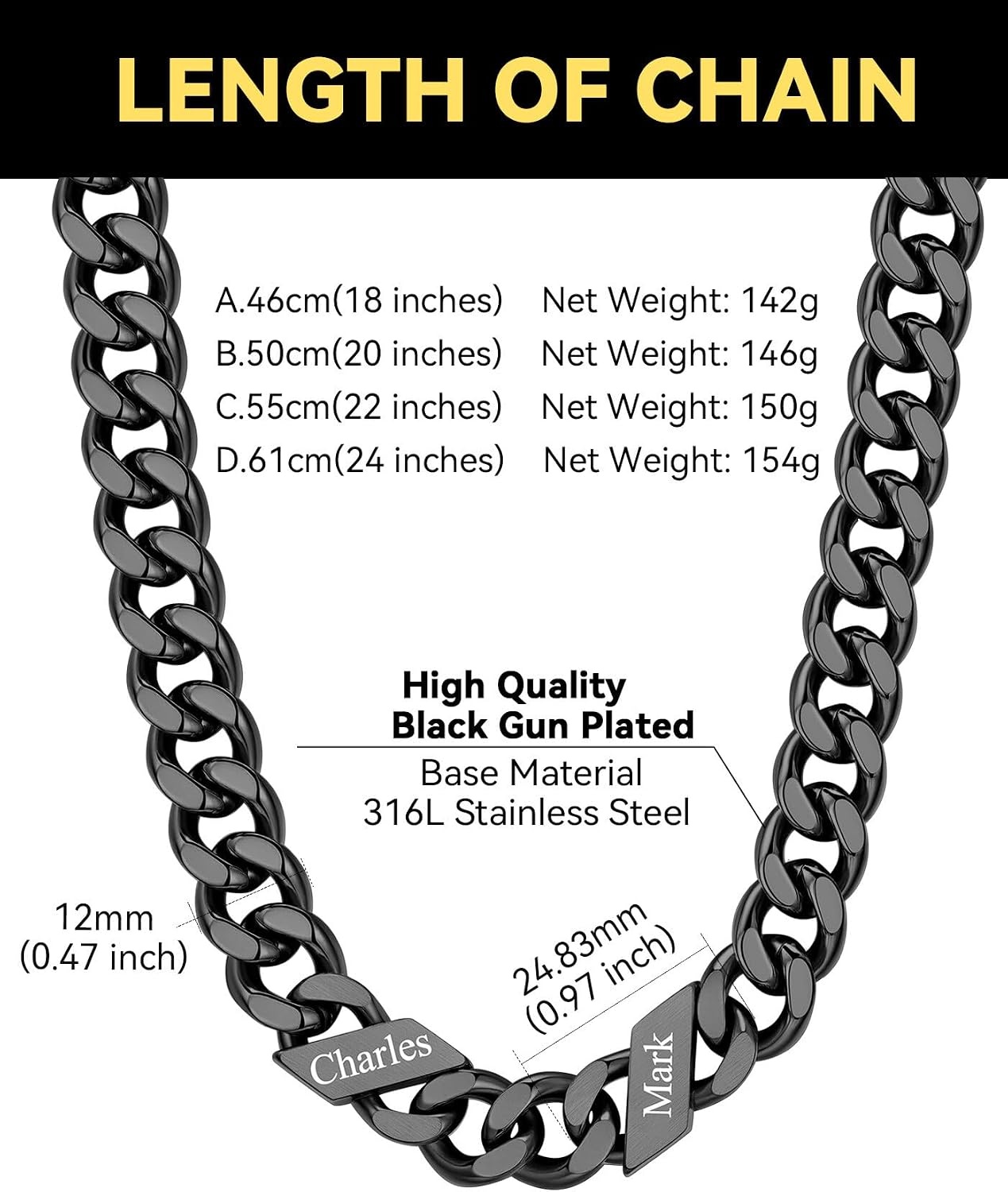 image:imageChainsHouse Personalized Cuban Link Chain for Men WomenCustom Engraved 16 Names5mm7mm9mm12mm Width Chain Name Necklace with Gift BoxHypoallergenic amp WaterproofJBlackMen12mm width