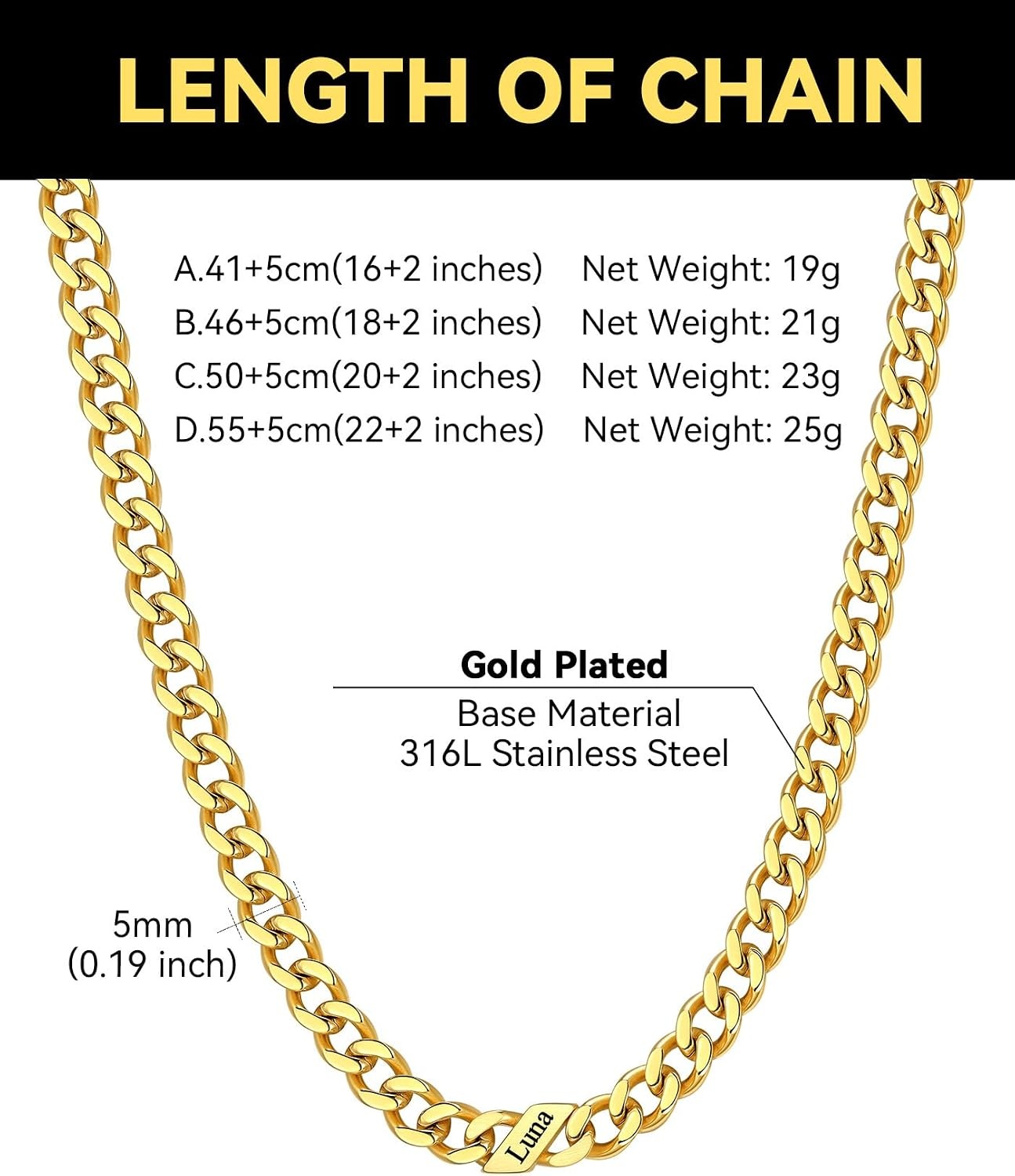 image:imageChainsHouse Personalized Cuban Link Chain for Men WomenCustom Engraved 16 Names5mm7mm9mm12mm Width Chain Name Necklace with Gift BoxHypoallergenic amp WaterproofNGoldWomen5mm width