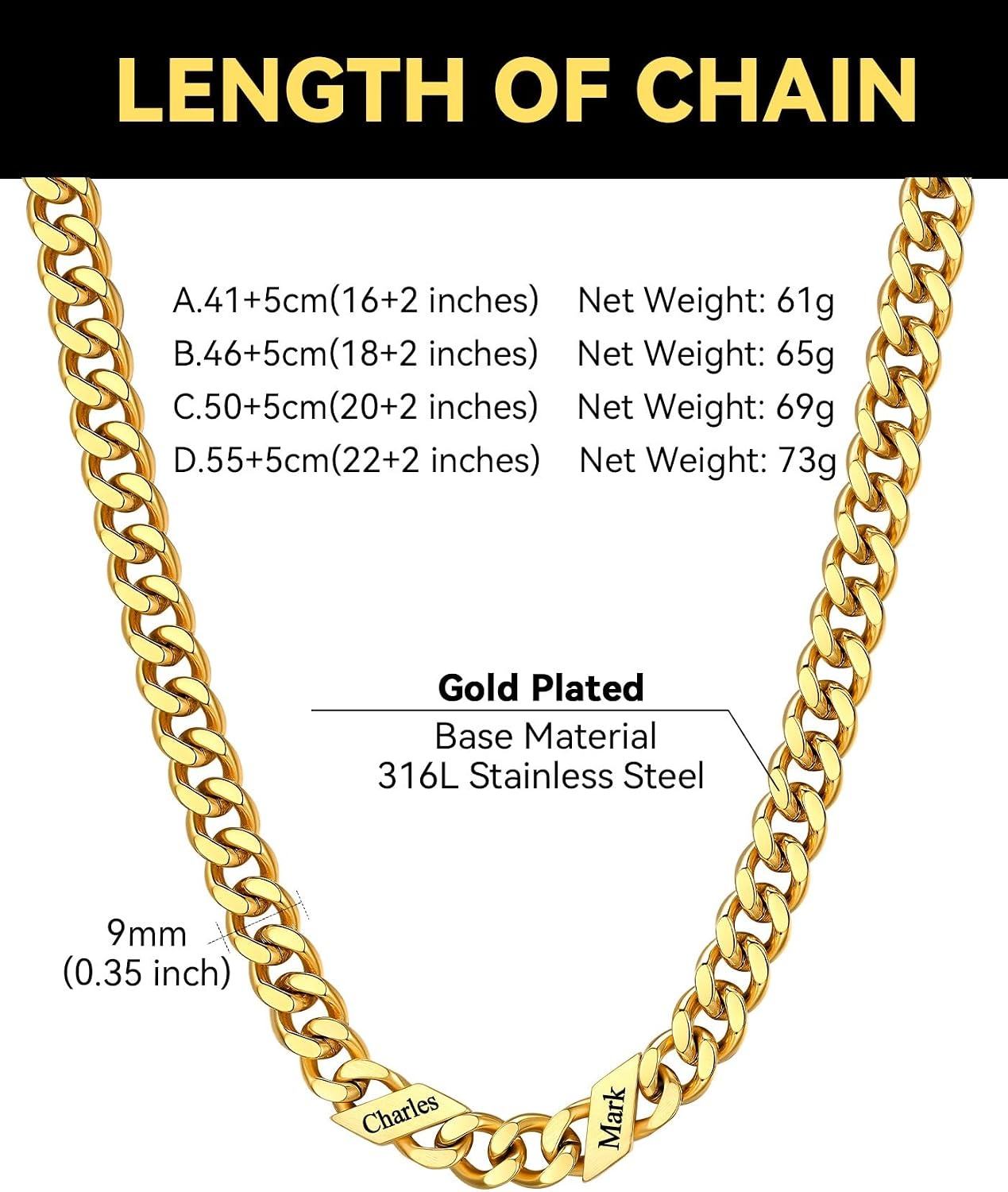 image:imageChainsHouse Personalized Cuban Link Chain for Men WomenCustom Engraved 16 Names5mm7mm9mm12mm Width Chain Name Necklace with Gift BoxHypoallergenic amp WaterproofPGoldWomen9mm width
