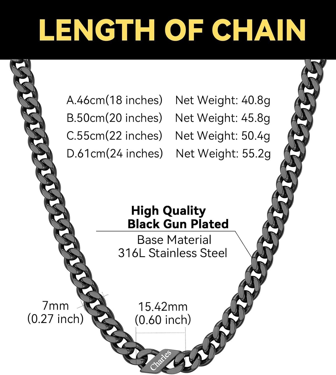 image:imageChainsHouse Personalized Cuban Link Chain for Men WomenCustom Engraved 16 Names5mm7mm9mm12mm Width Chain Name Necklace with Gift BoxHypoallergenic amp WaterproofHBlackMen7mm width