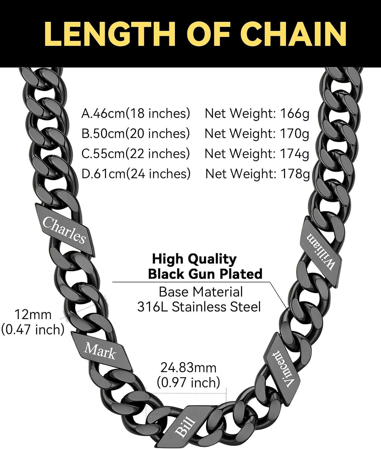 image:imageChainsHouse Personalized Cuban Link Chain for Men WomenCustom Engraved 16 Names5mm7mm9mm12mm Width Chain Name Necklace with Gift BoxHypoallergenic amp WaterproofJBlackMen12mm width