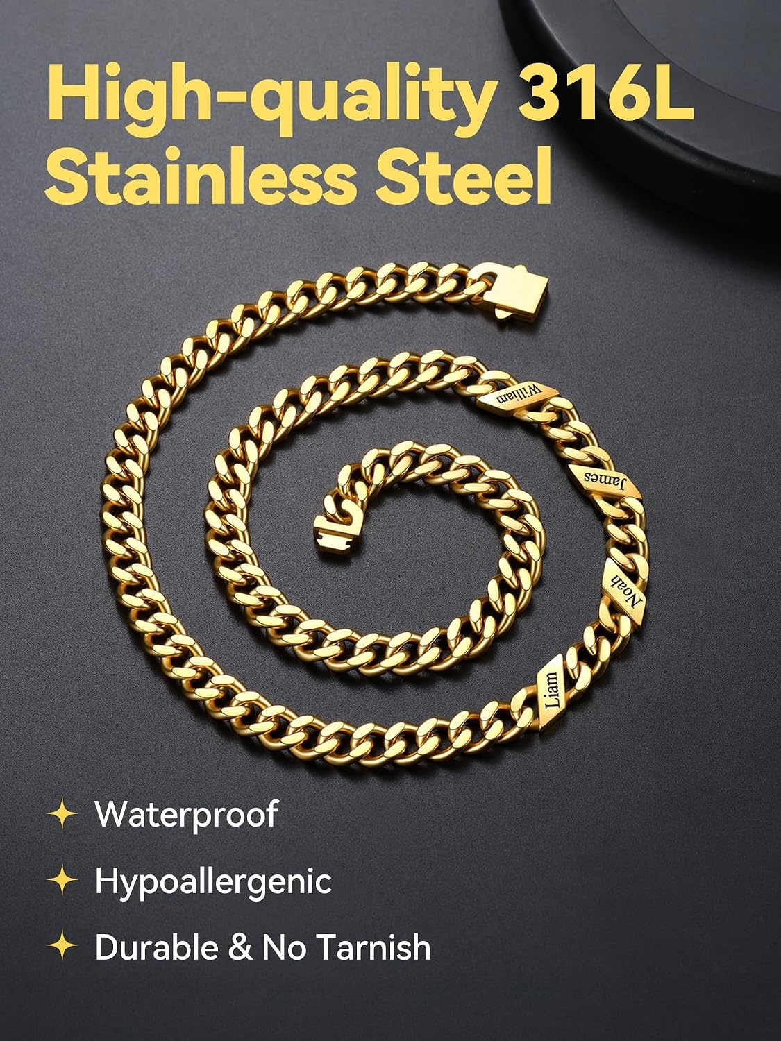 image:imageChainsHouse Personalized Cuban Link Chain for Men WomenCustom Engraved 16 Names5mm7mm9mm12mm Width Chain Name Necklace with Gift BoxHypoallergenic amp WaterproofGGoldMen9mm width