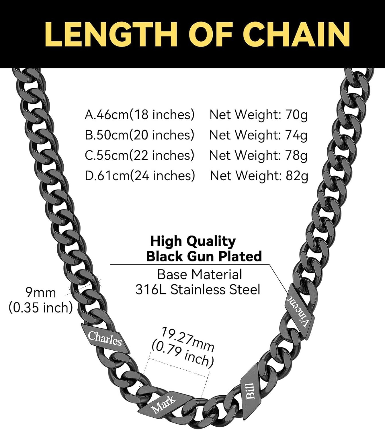 image:imageChainsHouse Personalized Cuban Link Chain for Men WomenCustom Engraved 16 Names5mm7mm9mm12mm Width Chain Name Necklace with Gift BoxHypoallergenic amp WaterproofIBlackMen9mm width