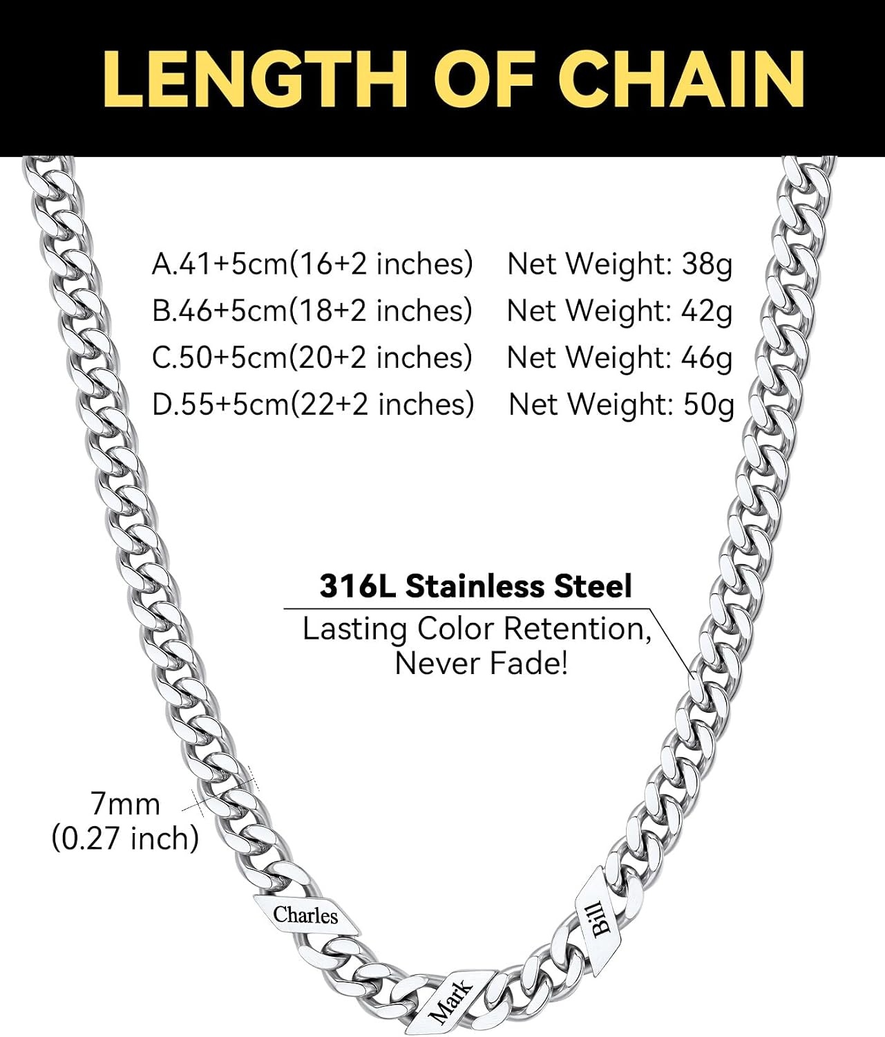 image:imageChainsHouse Personalized Cuban Link Chain for Men WomenCustom Engraved 16 Names5mm7mm9mm12mm Width Chain Name Necklace with Gift BoxHypoallergenic amp WaterproofLSteelWomen7mm width