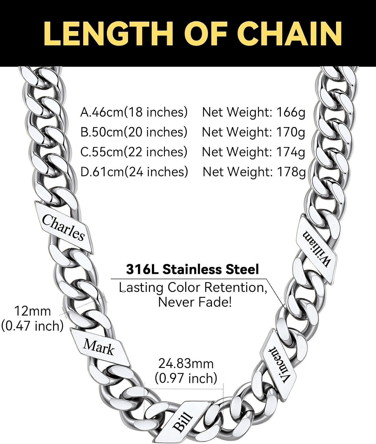 image:imageChainsHouse Personalized Cuban Link Chain for Men WomenCustom Engraved 16 Names5mm7mm9mm12mm Width Chain Name Necklace with Gift BoxHypoallergenic amp WaterproofCSteelMen12mm width