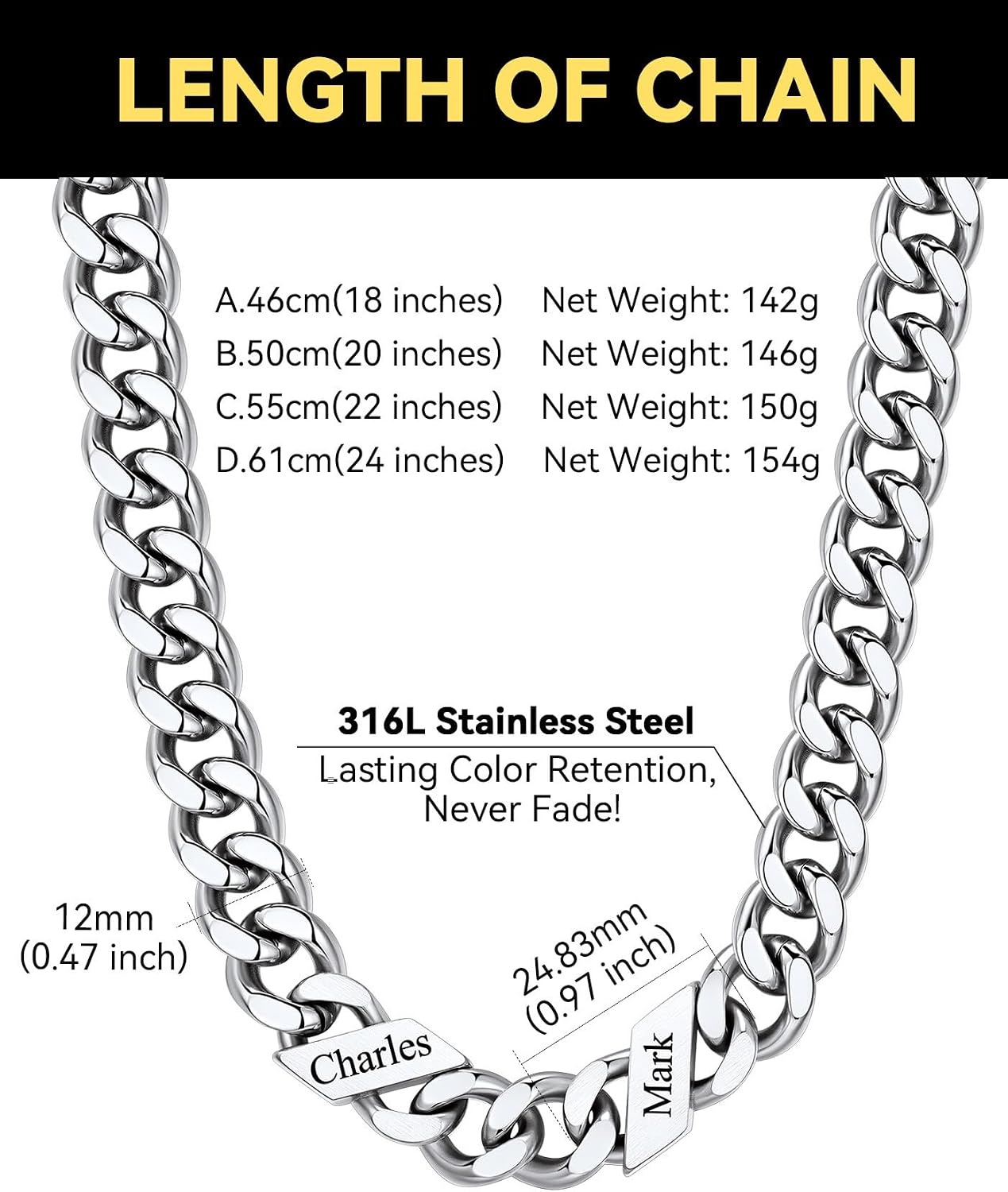 image:imageChainsHouse Personalized Cuban Link Chain for Men WomenCustom Engraved 16 Names5mm7mm9mm12mm Width Chain Name Necklace with Gift BoxHypoallergenic amp WaterproofCSteelMen12mm width