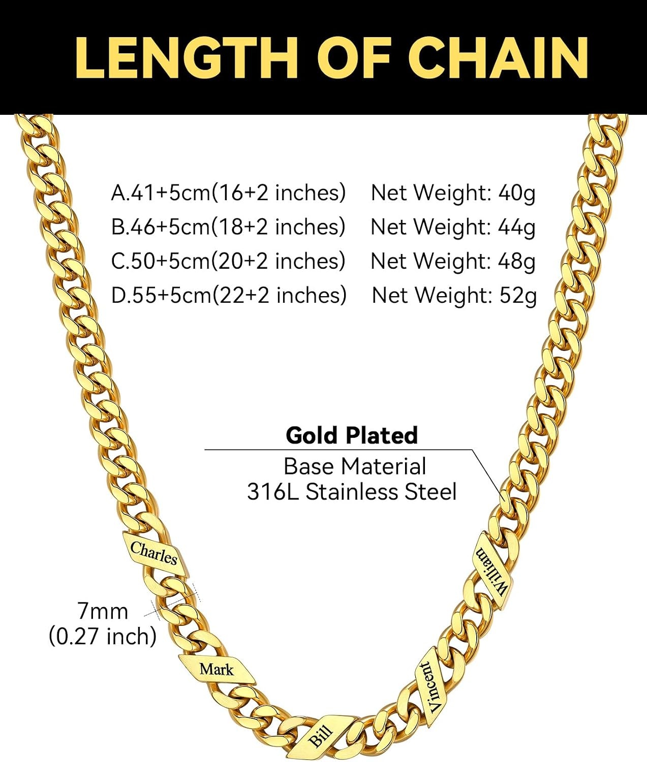 image:imageChainsHouse Personalized Cuban Link Chain for Men WomenCustom Engraved 16 Names5mm7mm9mm12mm Width Chain Name Necklace with Gift BoxHypoallergenic amp WaterproofOGoldWomen7mm width