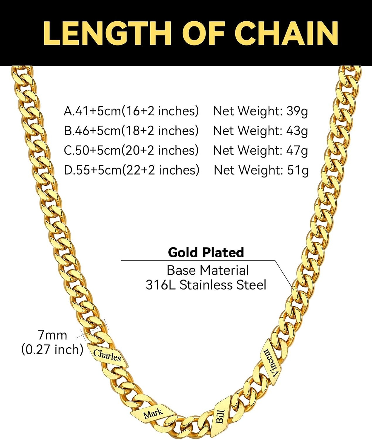 image:imageChainsHouse Personalized Cuban Link Chain for Men WomenCustom Engraved 16 Names5mm7mm9mm12mm Width Chain Name Necklace with Gift BoxHypoallergenic amp WaterproofOGoldWomen7mm width