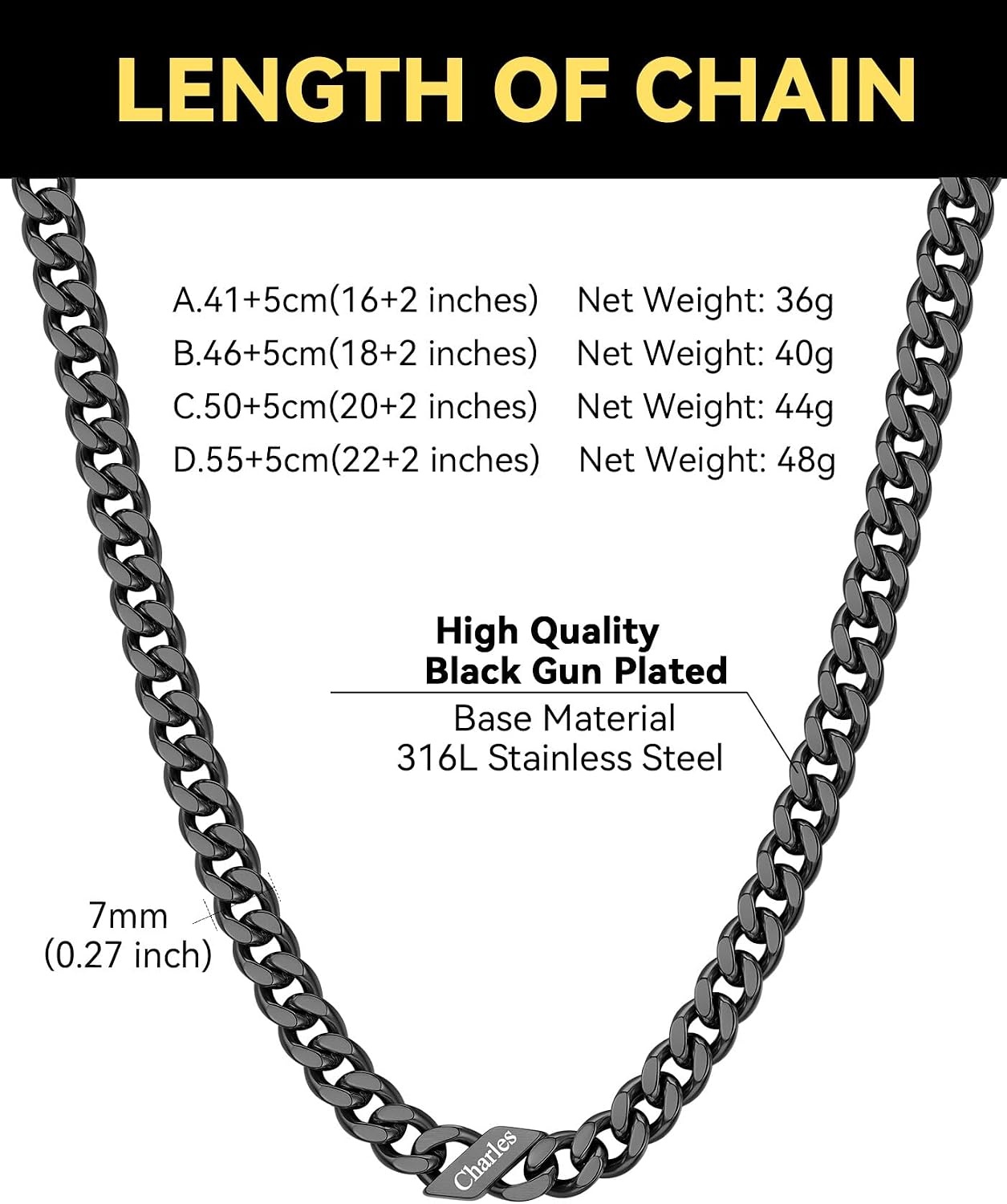 image:imageChainsHouse Personalized Cuban Link Chain for Men WomenCustom Engraved 16 Names5mm7mm9mm12mm Width Chain Name Necklace with Gift BoxHypoallergenic amp WaterproofRBlackWomen7mm width