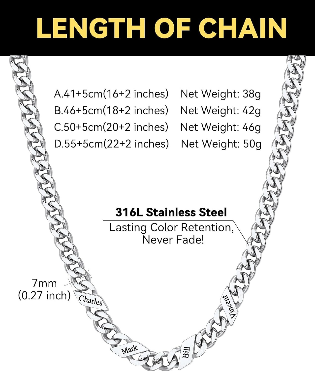 image:imageChainsHouse Personalized Cuban Link Chain for Men WomenCustom Engraved 16 Names5mm7mm9mm12mm Width Chain Name Necklace with Gift BoxHypoallergenic amp WaterproofLSteelWomen7mm width
