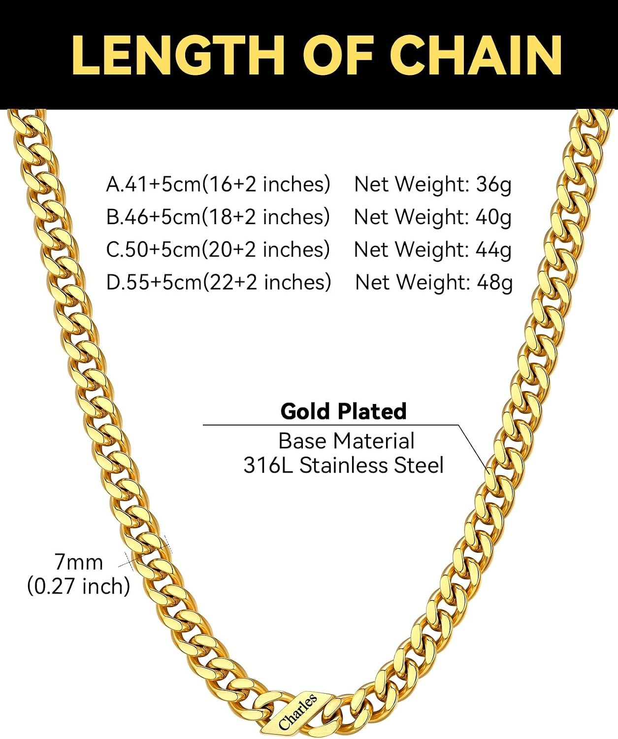 image:imageChainsHouse Personalized Cuban Link Chain for Men WomenCustom Engraved 16 Names5mm7mm9mm12mm Width Chain Name Necklace with Gift BoxHypoallergenic amp WaterproofOGoldWomen7mm width