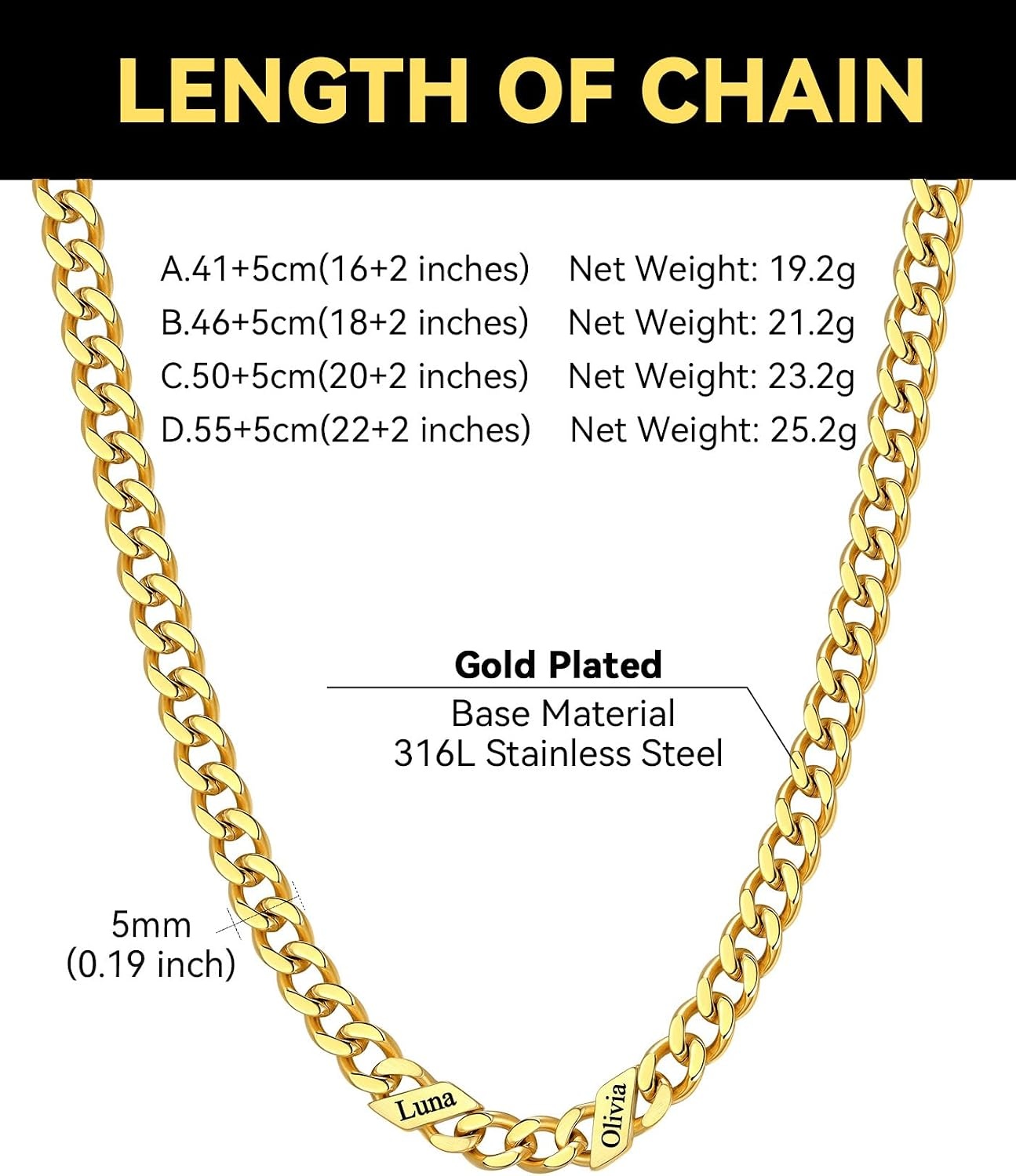 image:imageChainsHouse Personalized Cuban Link Chain for Men WomenCustom Engraved 16 Names5mm7mm9mm12mm Width Chain Name Necklace with Gift BoxHypoallergenic amp WaterproofNGoldWomen5mm width