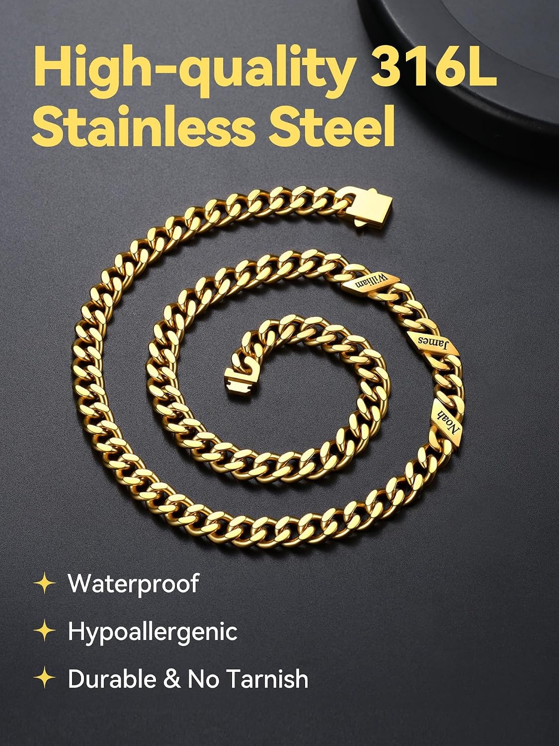 image:imageChainsHouse Personalized Cuban Link Chain for Men WomenCustom Engraved 16 Names5mm7mm9mm12mm Width Chain Name Necklace with Gift BoxHypoallergenic amp WaterproofGGoldMen9mm width