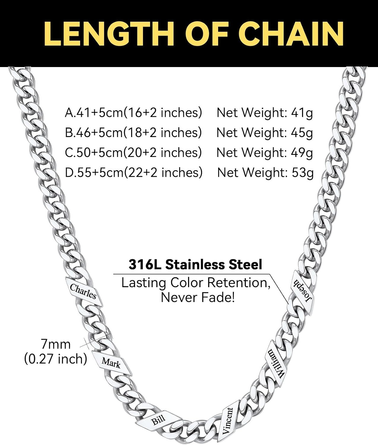 image:imageChainsHouse Personalized Cuban Link Chain for Men WomenCustom Engraved 16 Names5mm7mm9mm12mm Width Chain Name Necklace with Gift BoxHypoallergenic amp WaterproofLSteelWomen7mm width
