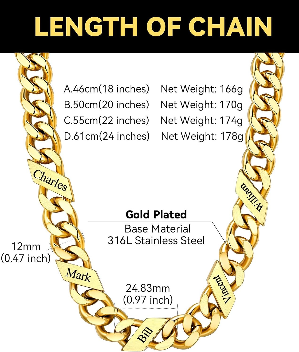 image:imageChainsHouse Personalized Cuban Link Chain for Men WomenCustom Engraved 16 Names5mm7mm9mm12mm Width Chain Name Necklace with Gift BoxHypoallergenic amp WaterproofGGoldMen9mm width