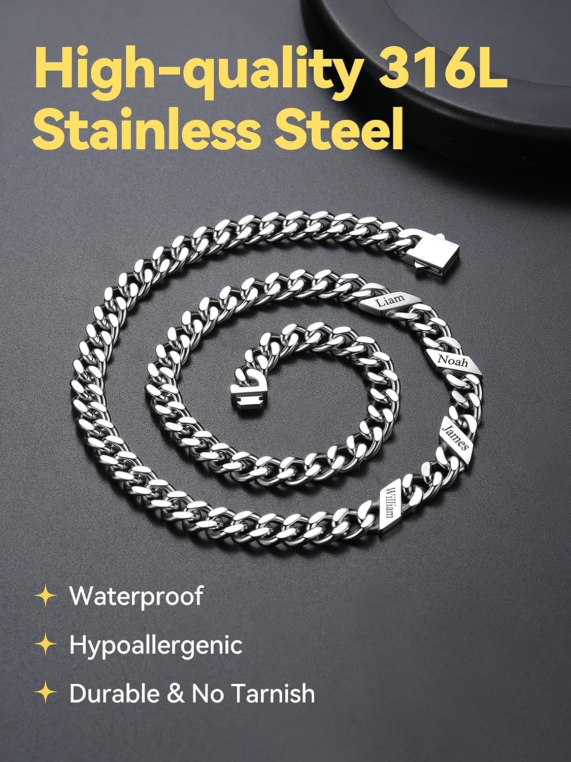 image:imageChainsHouse Personalized Cuban Link Chain for Men WomenCustom Engraved 16 Names5mm7mm9mm12mm Width Chain Name Necklace with Gift BoxHypoallergenic amp WaterproofBSteelMen9mm width