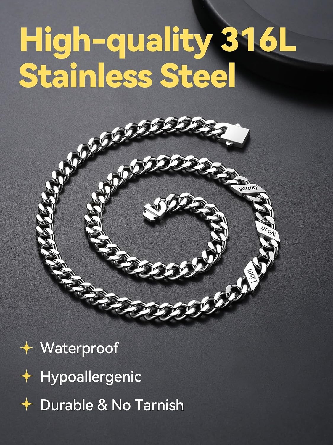 image:imageChainsHouse Personalized Cuban Link Chain for Men WomenCustom Engraved 16 Names5mm7mm9mm12mm Width Chain Name Necklace with Gift BoxHypoallergenic amp WaterproofCSteelMen12mm width